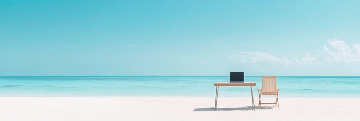 Tranquil beach office setup with laptop and portable desk