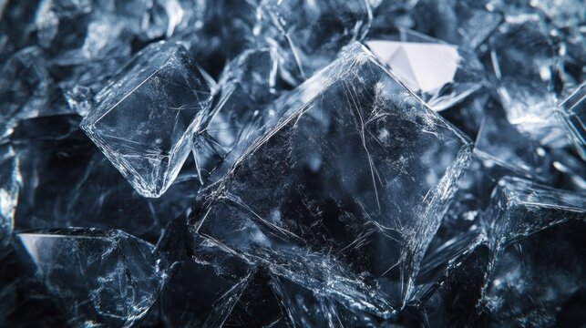 Captivating macro close up shot of textured and transparent ice cubes creating a cool crystal background