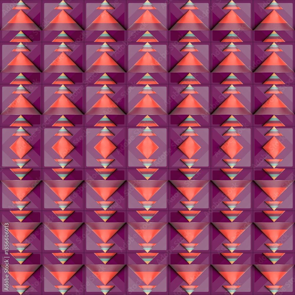 Aufkleber A colorful pattern of striped cones on a purple background. Symmetry and light textures create a kaleidoscope effect and optical illusion. 3d rendering digital illustration