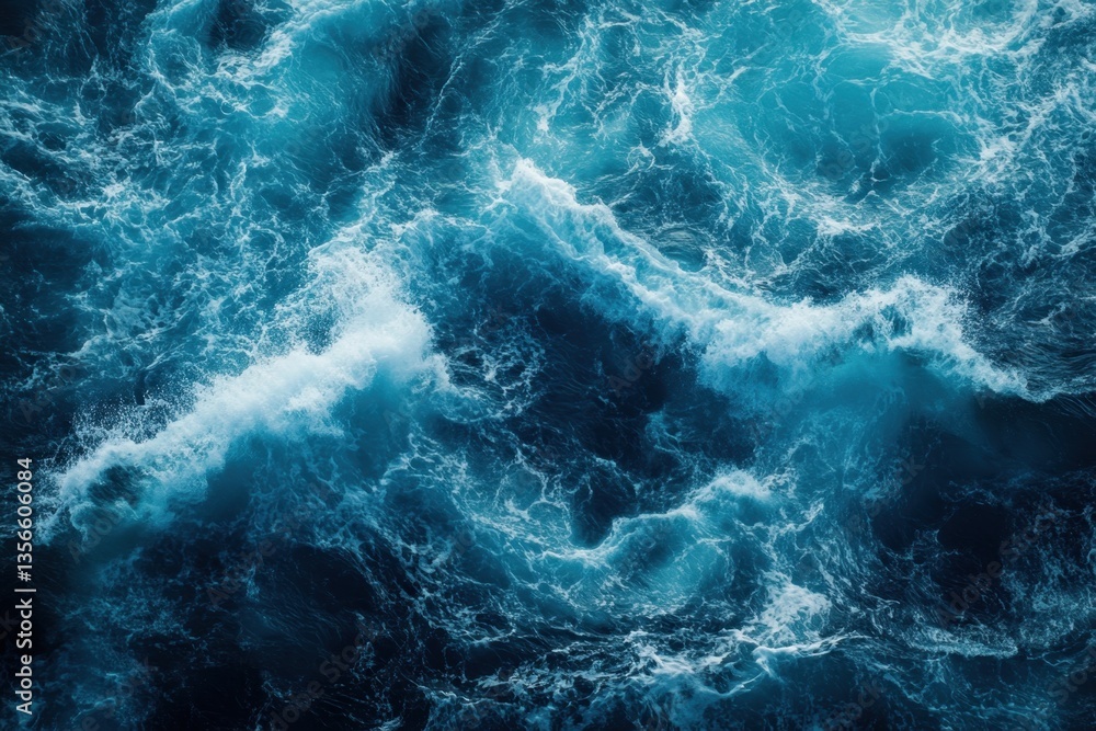 Poster aerial view of deep blue ocean waves crashing and splashing in a powerful display of nature's energy