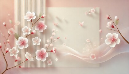 桜と和紙の折り目が彩る淡色グラデの横長和風背景