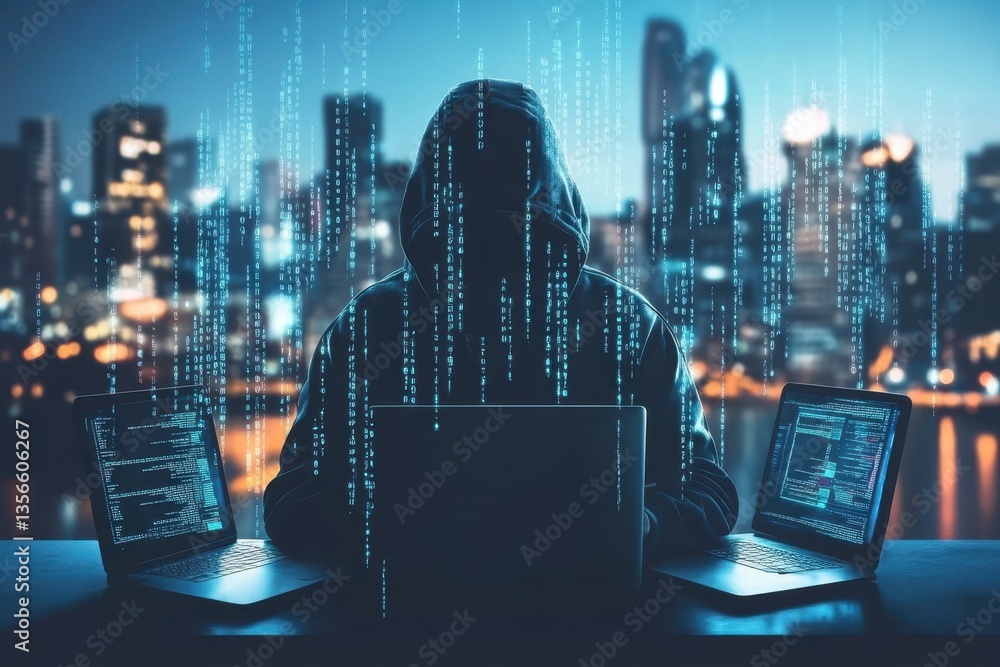 Poster hacker working in urban environment at night with multiple laptops and digital data streams