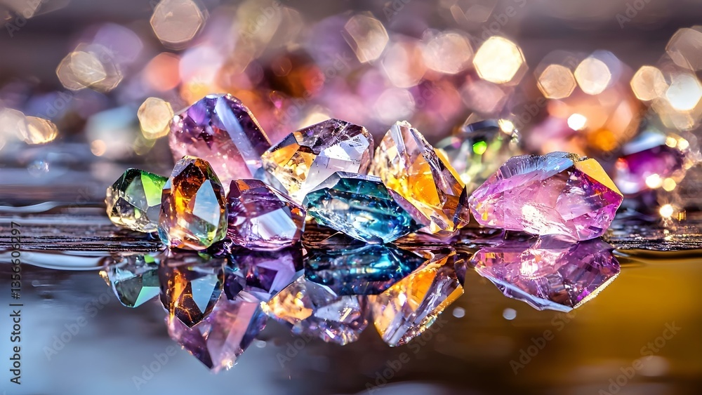 Aufkleber a collection of colorful gems and crystals reflecting light on a surface, creating a shimmering effe