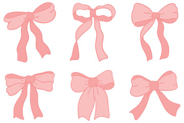 Draw coquette bow pink ribbon Doodle style. vector illustration