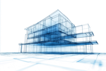 Architectural blueprint of modern building  isolated on white transparent  background