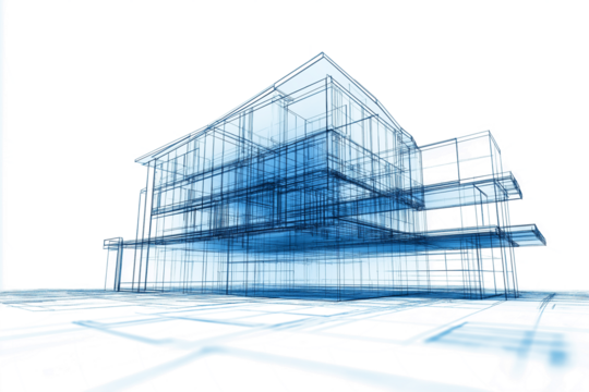 Architectural blueprint of modern building  isolated on white transparent  background