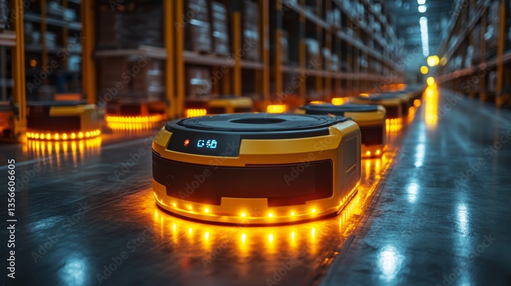 Aufkleber Robots equipped with lights are navigating through a large warehouse filled with storage racks.