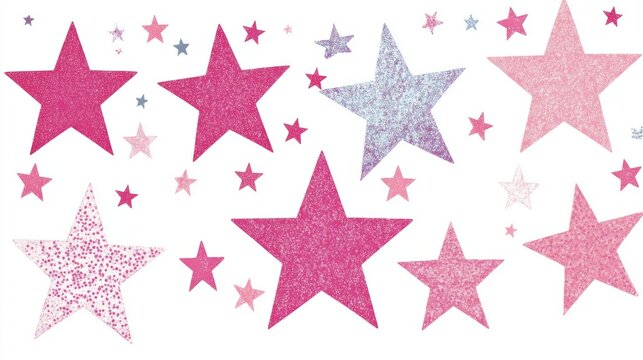Gliter pink stars stocker diferent sizes on white backgrounf