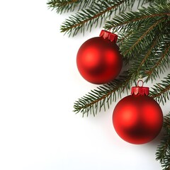 Red Christmas Ornaments on Fir Branch White Background