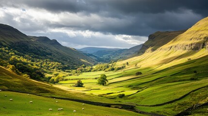 Lush green valleys stretch under dramatic skies, showcasing natu
