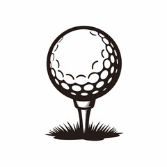 Black and white outline of a golf ball on a tee with grass on a white background