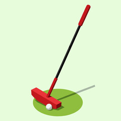 Isometric view of a red golf putter with a ball on a green surface