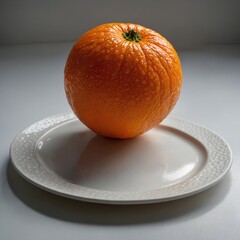 "A single ripe orange with a bright color and bumpy texture, sitting on a white ceramic plate, high detail, no markings or labels."


