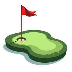 Isometric view of a golf hole with a red flag on a putting green