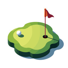 Isometric view of a golf hole with a ball and a flag on a putting green