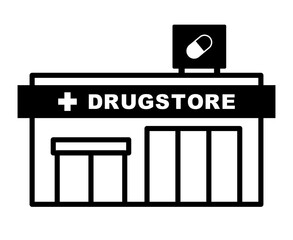 Drugstore building silhouette icon. Vector.
