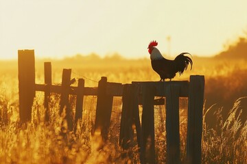 Rooster perched on fence, illuminated by golden sunrise, exuding