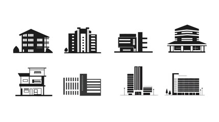 Building silhouettes vector graphic, showcasing the outline of various structures in a minimalist design. This versatile illustration captures the essence of urban architecture, 