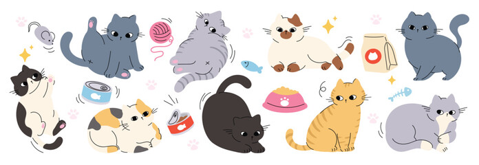 Cute cats doodle vector set. Cartoon cat or kitten characters design collection with cat element and  flat color in different poses. Set of funny  pet animals isolated on white background. 