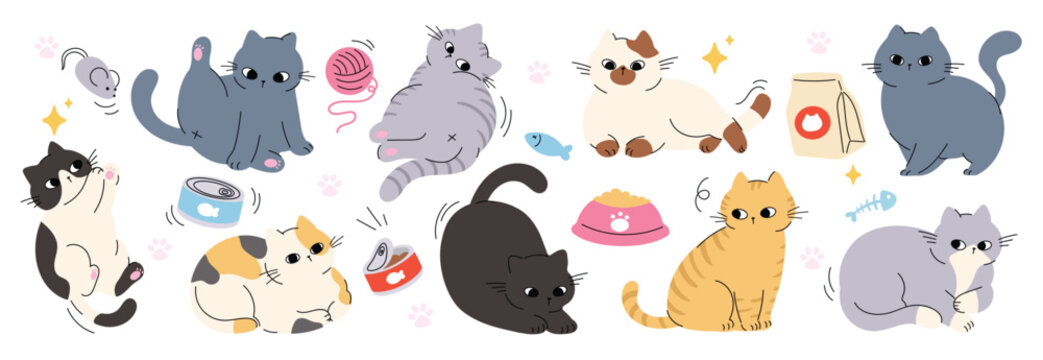 Fototapeta Cute cats doodle vector set. Cartoon cat or kitten characters design collection with cat element and  flat color in different poses. Set of funny  pet animals isolated on white background. 