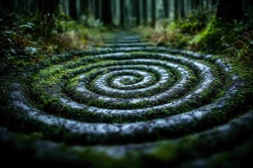 Naklejka premium Mossy Stone Spiral Path in Enchanted Forest Awaits Exploration with Lush Greenery and Tranquil Ambiance for Nature and Mystical Journey
