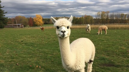 Fluffy alpaca gazing curiously, surrounded by lush green pasture