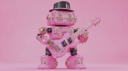 Pink robot playing guitar on pink background.