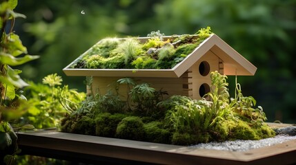 A modern wooden birdhouse with a green living roof