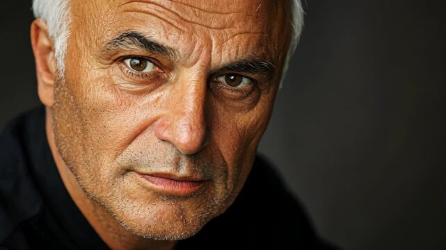 Middle-aged man with intense gaze looking directly at the viewer in a dimly lit setting