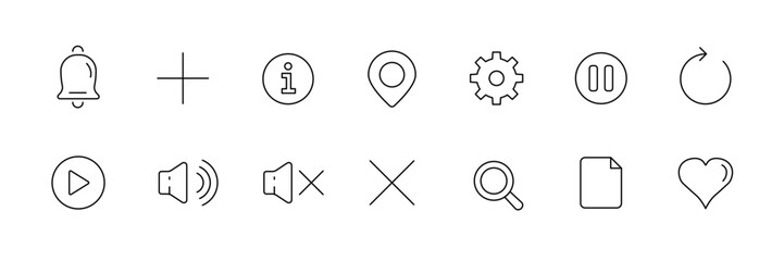 Essential minimalist icon set for web and apps - notification, search, love - vector.