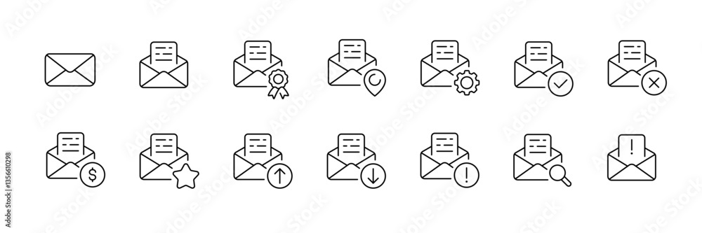 Poster email icon set featuring envelopes with various symbols and signs for web and app designs - vector.