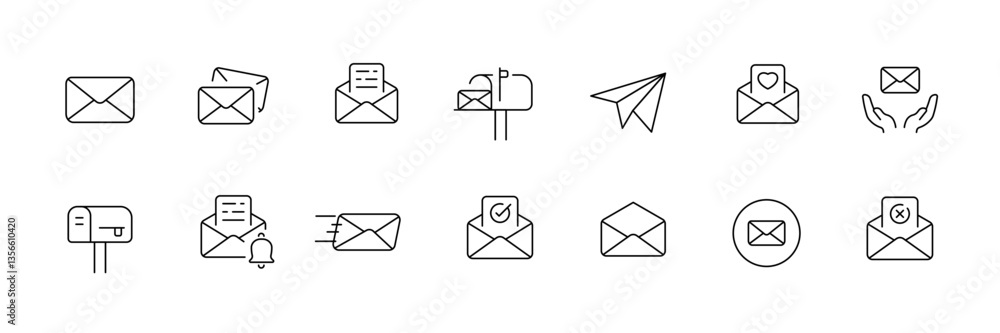 Poster set of envelope and mail icons for communication and messaging, black line art - vector.