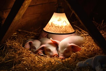 Cozy piglets nestled in warm straw, illuminated by soft light ov