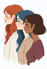 Three women with long hair are standing next to each other