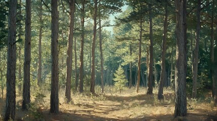 Obraz premium A dense forest of towering pines dappled in sunlight, exuding a sense of timeless tranquility.