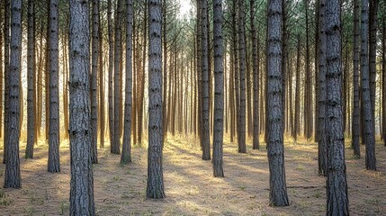 A dense forest of towering pines dappled in sunlight, exuding a sense of timeless tranquility.