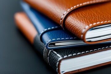 Close-up of stacked leather notebooks and pen in brown, blue, and black on black surface