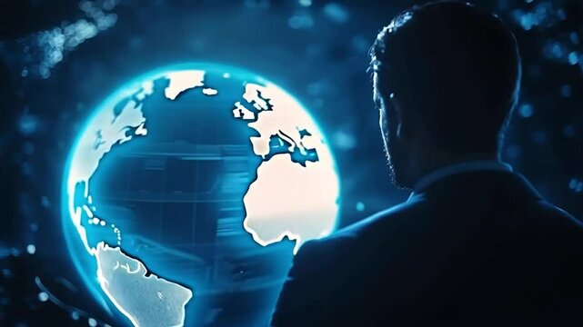 Businessman observing a futuristic globe with digital data in a high-tech environment