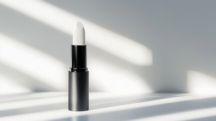 Obraz premium White Lipstick Standing on Clean Surface with Sunlight and Shadow Lines Beauty Cosmetic Product Still Life