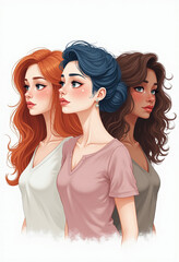 Three women with different hair colors stand side by side