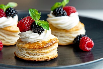 Delicious puff pastry desserts with whipped cream and berries on black plate