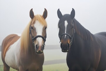 Two majestic horses stand together in soft fog, showcasing uniqu