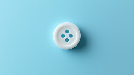 Elegant single white plastic button against blue backdrop minimalist sewing concept bright soft lighting studio shot