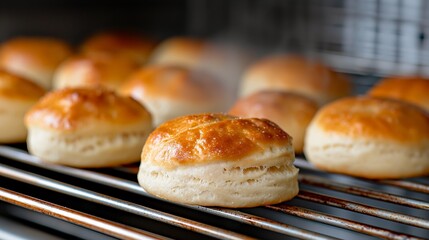 Freshly baked golden biscuits on oven rack with steam rising