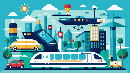 AI Generated vector urban transportation illustration showing high-speed train, flying car, hot air balloon, bicycle, buildings, and greenery ideal for futuristic mobility and smart city design themes