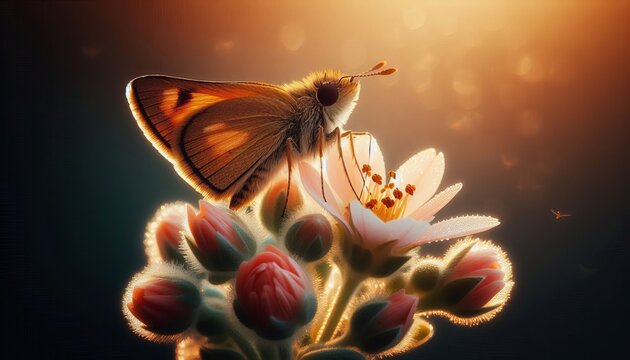 A tiny skipper butterfly resting delicately on a blooming flower