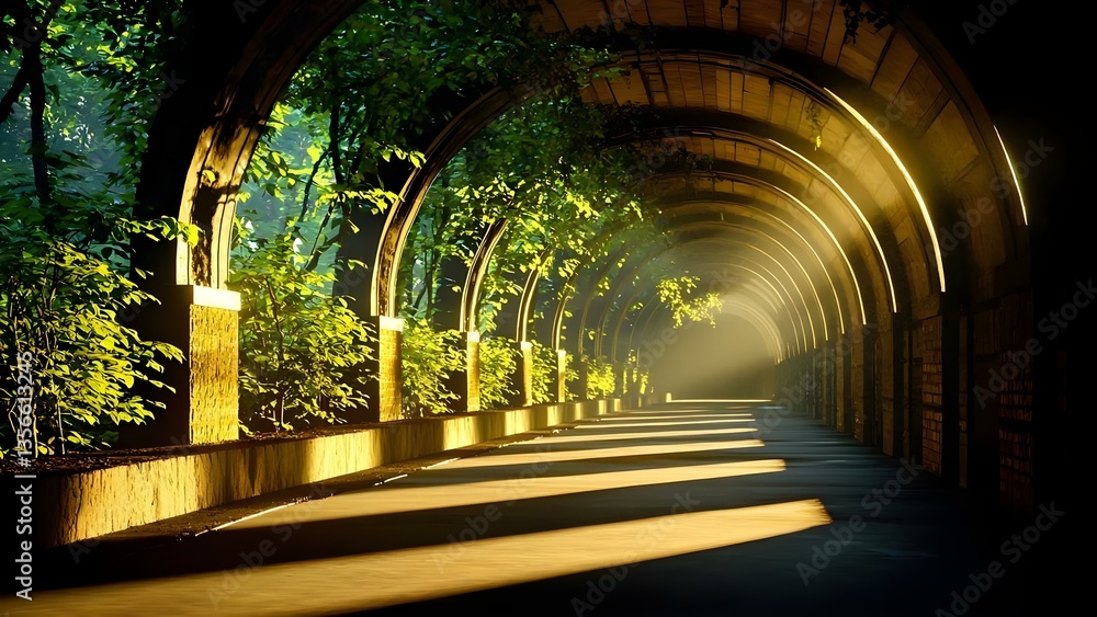 Poster a serene, sunlit pathway lined with arches and greenery, creating a tranquil atmosphere with soft li