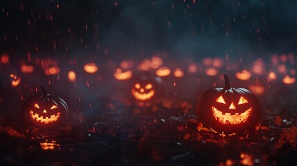 Fototapeta premium Enigmatic night view of spooky pumpkins glowing ominously in dark mist.