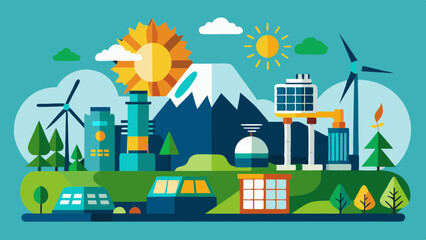 Naklejka premium AI Generated vector eco-friendly cityscape illustration featured black silhouettes of wind turbines, solar panels, trees, buildings, mountain under sun on beige background ideal for sustainable design