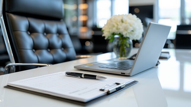 Modern office essentials: laptop, notepad, and pen on sleek workspace desk